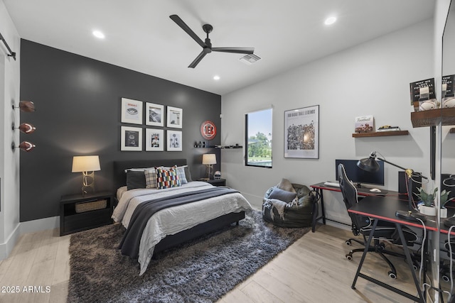 bedroom featuring visible vents, recessed lighting, a ceiling fan, and wood finished floors