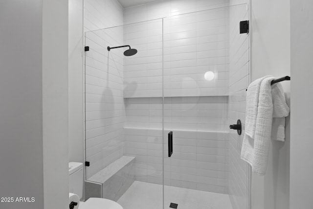 bathroom featuring a stall shower and toilet
