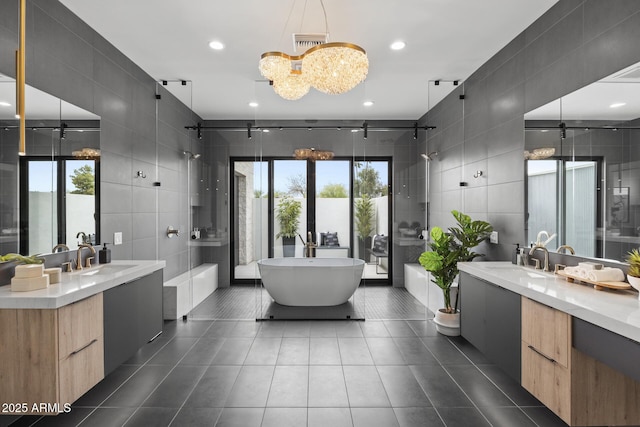 full bathroom featuring a sink, tile walls, plenty of natural light, and a shower stall