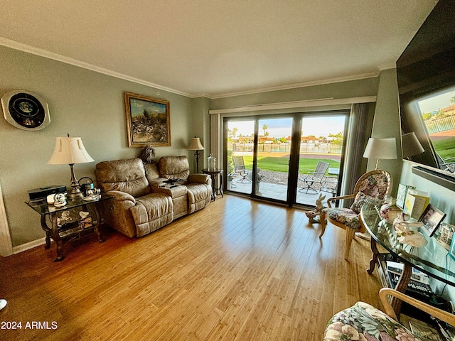 living room with light wood-type flooring and crown molding