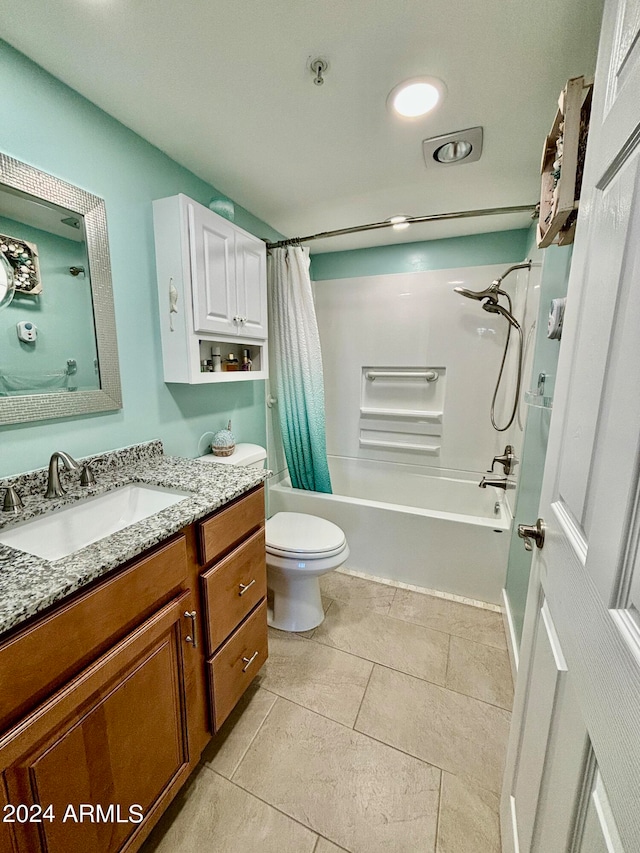 full bathroom with vanity, toilet, and shower / bathtub combination with curtain