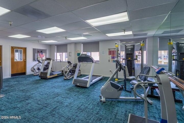 gym featuring a drop ceiling and carpet