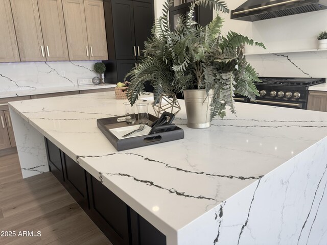 kitchen view of gas range, tasteful backsplash, ventilation hood, a kitchen island, and wood finished floors