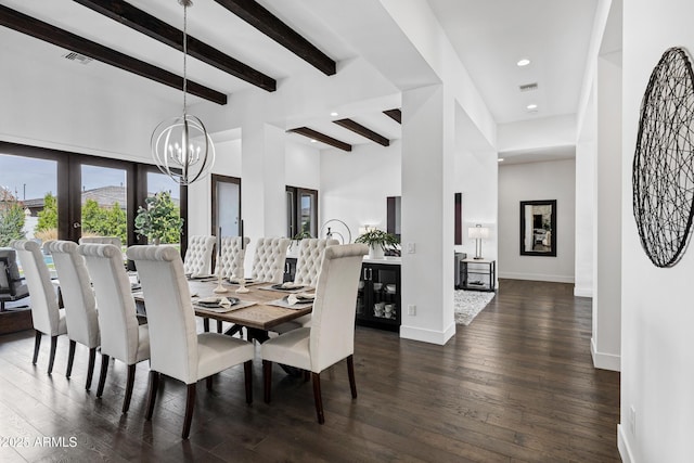 12228 E Wood Dr, Chandler, AZ 85249 - dining room with beamed ceiling, visible vents, french doors, baseboards, and dark wood-style floors