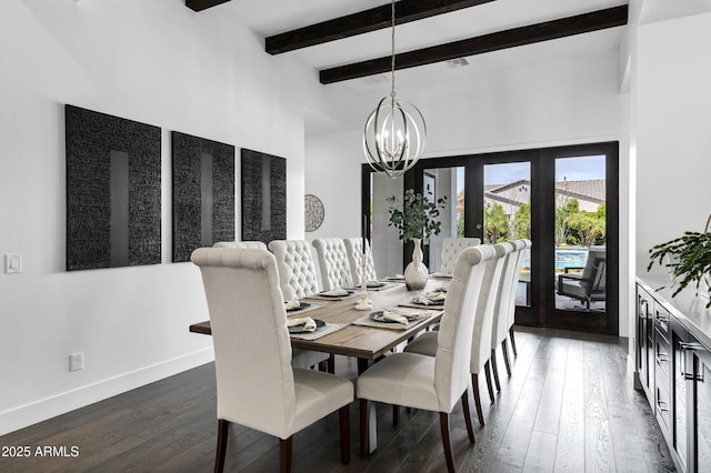 12228 E Wood Dr, Chandler, AZ 85249 - dining space with baseboards, a chandelier, beam ceiling, dark wood-type flooring, and french doors