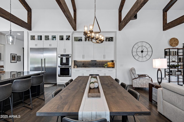 12228 E Wood Dr, Chandler, AZ 85249 - dining area featuring dark wood-type flooring, high vaulted ceiling, an inviting chandelier, and beam ceiling