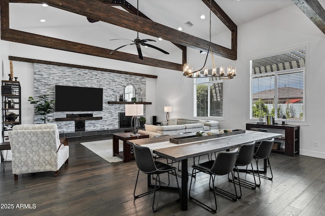 12228 E Wood Dr, Chandler, AZ 85249 - dining room with ceiling fan with notable chandelier, high vaulted ceiling, dark wood finished floors, baseboards, and beam ceiling