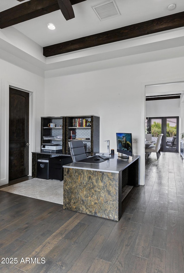 12228 E Wood Dr, Chandler, AZ 85249 - interior space featuring recessed lighting, visible vents, beamed ceiling, and dark wood finished floors