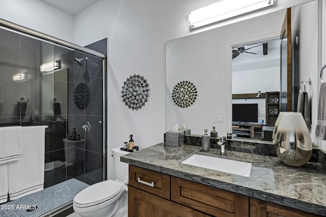12228 E Wood Dr, Chandler, AZ 85249 - full bath featuring toilet, a ceiling fan, vanity, and a stall shower