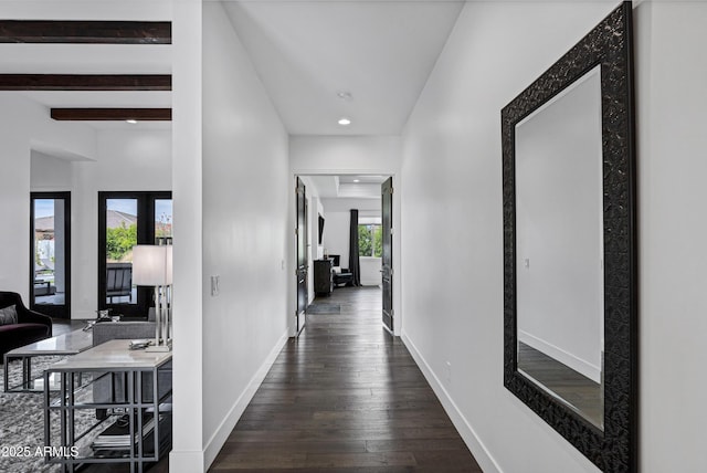 12228 E Wood Dr, Chandler, AZ 85249 - hall featuring recessed lighting, dark wood-style floors, baseboards, and beam ceiling