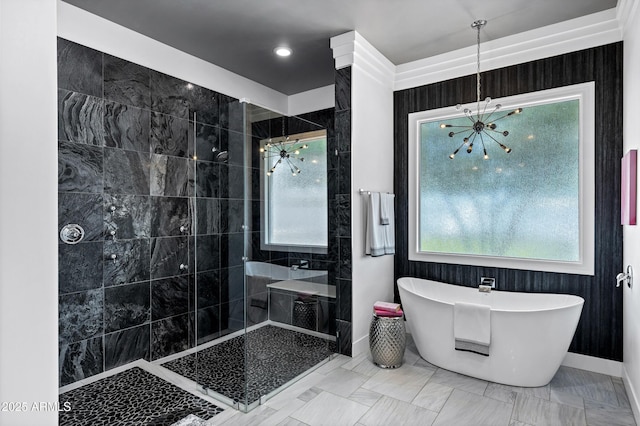 12228 E Wood Dr, Chandler, AZ 85249 - full bathroom featuring a chandelier, baseboards, a walk in shower, and a soaking tub