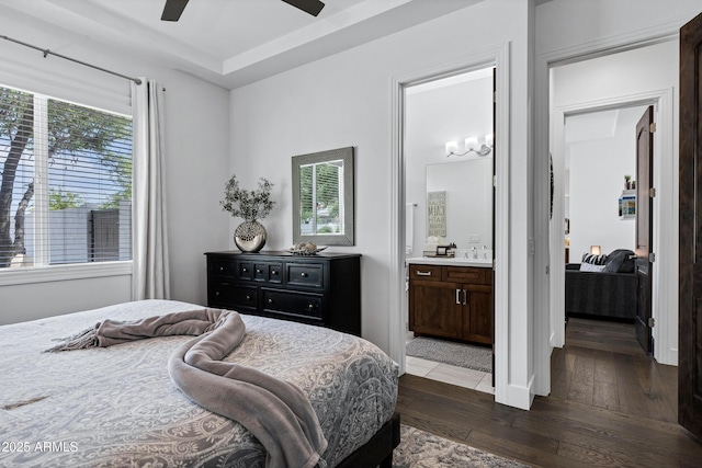 12228 E Wood Dr, Chandler, AZ 85249 - bedroom with a ceiling fan, ensuite bathroom, a sink, and dark wood-style floors
