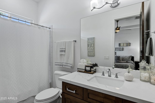 12228 E Wood Dr, Chandler, AZ 85249 - bathroom featuring ceiling fan, vanity, a shower with curtain, visible vents, and toilet