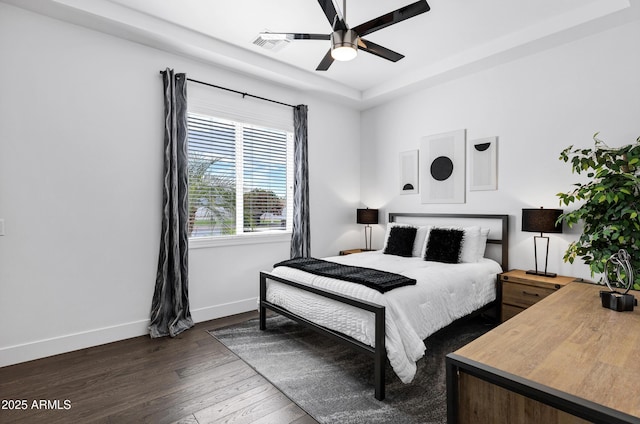 12228 E Wood Dr, Chandler, AZ 85249 - bedroom with wood finished floors, baseboards, a ceiling fan, and visible vents