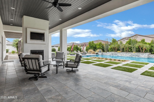 12228 E Wood Dr, Chandler, AZ 85249 - view of patio / terrace featuring an outdoor pool, an outdoor living space with a fireplace, and ceiling fan