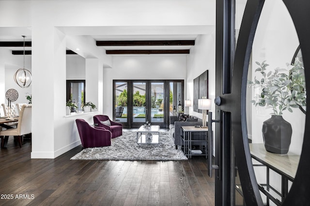 12228 E Wood Dr, Chandler, AZ 85249 - foyer entrance featuring hardwood / wood-style floors, french doors, baseboards, beam ceiling, and a notable chandelier