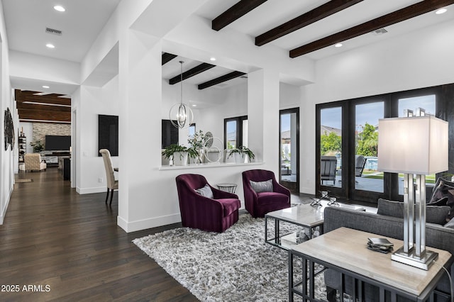 12228 E Wood Dr, Chandler, AZ 85249 - living room with beamed ceiling, dark wood-type flooring, visible vents, recessed lighting, and baseboards