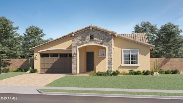 view of front facade with stucco siding, decorative driveway, fence, stone siding, and an attached garage
