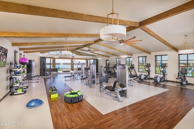 gym featuring wood finished floors, a ceiling fan, lofted ceiling, and a wealth of natural light