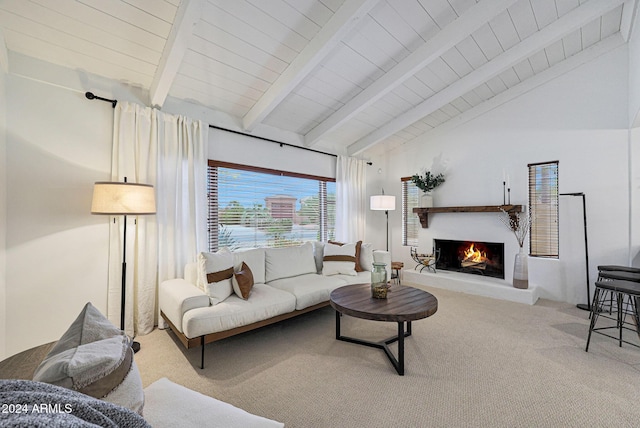 carpeted living room featuring lofted ceiling with beams and wood ceiling