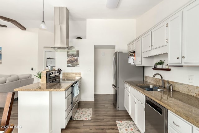 kitchen with dark wood-style floors, a sink, appliances with stainless steel finishes, white cabinetry, and island range hood