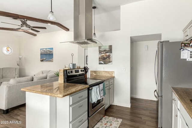 kitchen with open floor plan, island exhaust hood, dark wood-style flooring, and stainless steel appliances