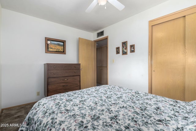 bedroom featuring carpet floors, a closet, and ceiling fan