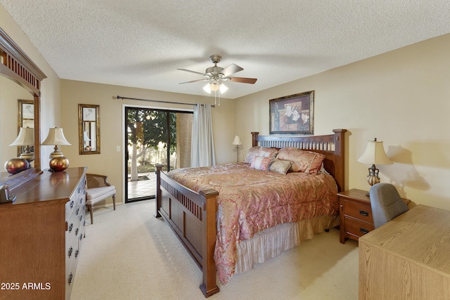 bedroom with light carpet, a textured ceiling, access to outside, and ceiling fan