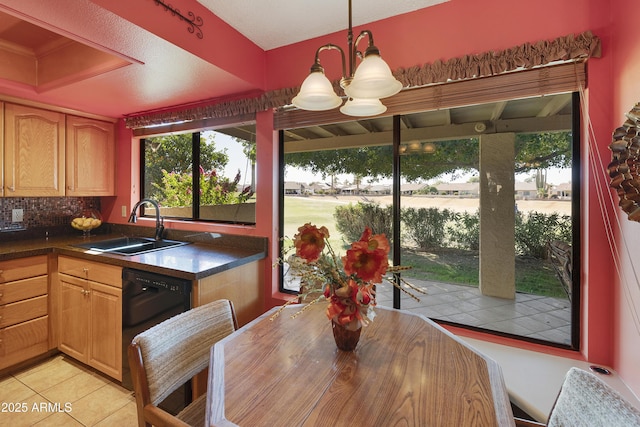 kitchen featuring black dishwasher, sink, backsplash, hanging light fixtures, and plenty of natural light