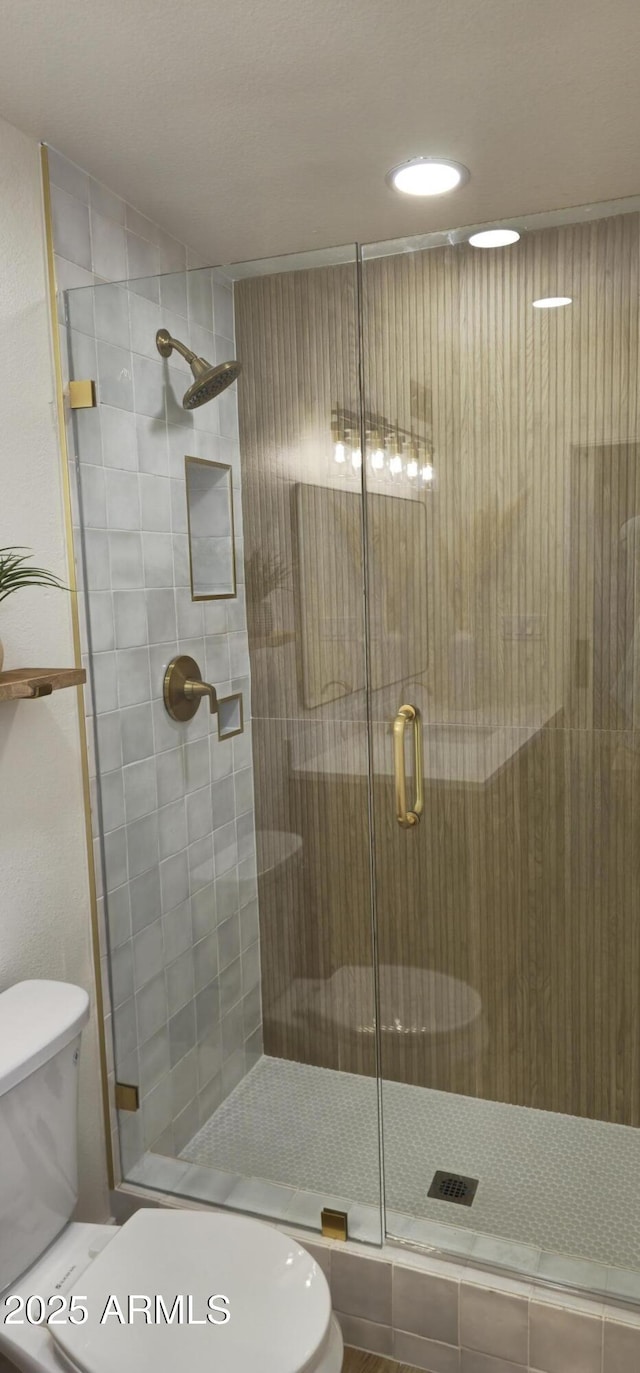 full bathroom featuring toilet and a shower stall