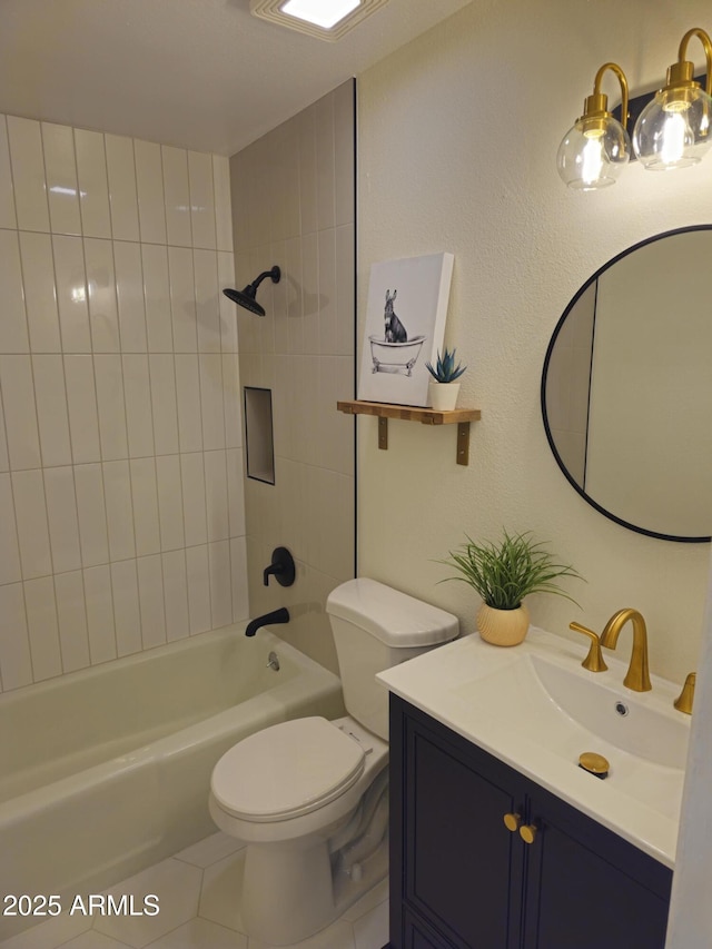 full bath with  shower combination, toilet, tile patterned flooring, and vanity