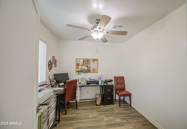 office featuring baseboards, visible vents, ceiling fan, and wood finished floors