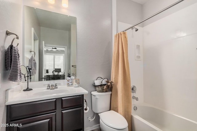 full bathroom with toilet, shower / bathtub combination with curtain, and vanity