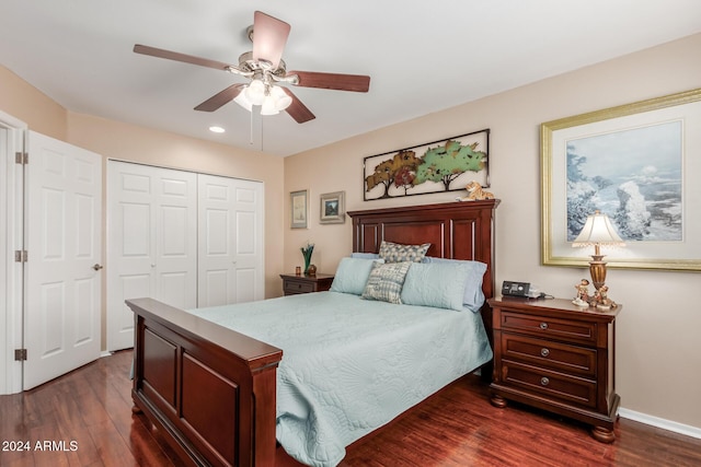 bedroom with ceiling fan, a closet, and dark wood-type flooring