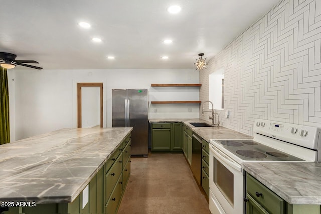 kitchen with sink, green cabinetry, ceiling fan, stainless steel appliances, and light stone countertops