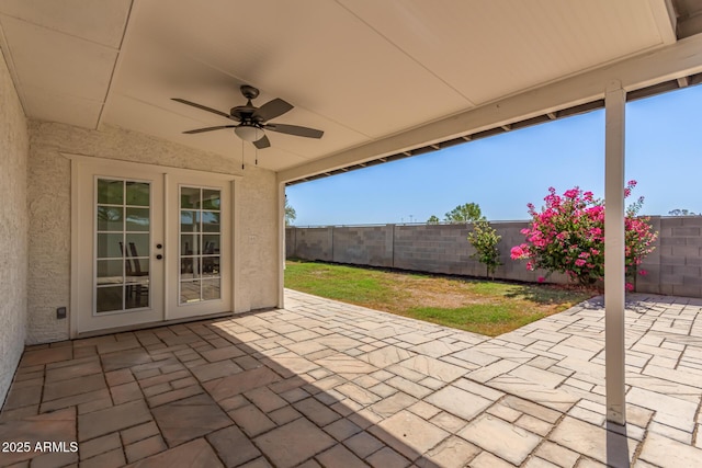 view of patio / terrace featuring french doors and ceiling fan