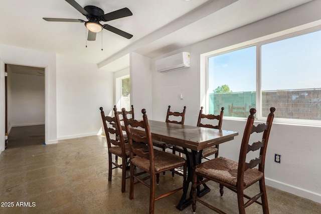 dining space featuring a wall mounted AC and ceiling fan