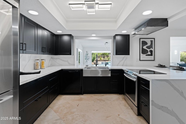 1509 W Kiowa Ave, Mesa, AZ 85202 - kitchen featuring stainless steel appliances, dark cabinets, wall chimney exhaust hood, and recessed lighting