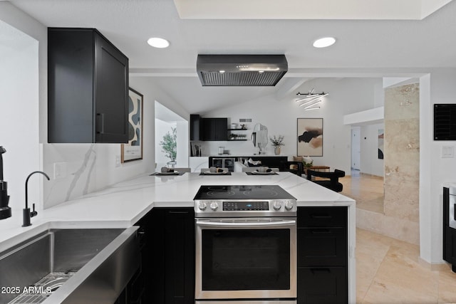 1509 W Kiowa Ave, Mesa, AZ 85202 - kitchen with stainless steel electric stove, dark cabinetry, extractor fan, lofted ceiling, and recessed lighting