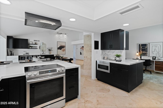 1509 W Kiowa Ave, Mesa, AZ 85202 - kitchen featuring stainless steel appliances, dark cabinetry, recessed lighting, and lofted ceiling