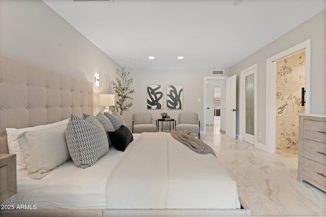 1509 W Kiowa Ave, Mesa, AZ 85202 - bedroom with light marble finish flooring, recessed lighting, and connected bathroom