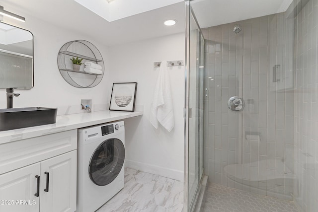 1509 W Kiowa Ave, Mesa, AZ 85202 - full bathroom featuring washer / clothes dryer, a shower stall, marble look tile flooring, recessed lighting, and vanity
