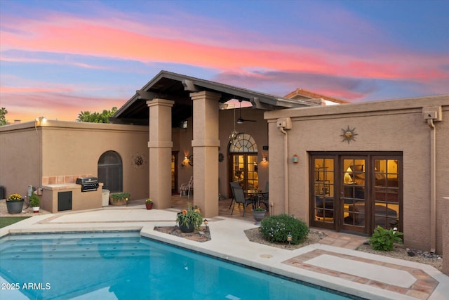 6208 E Paradise Ln, Scottsdale, AZ 85254 - rear view of house featuring exterior kitchen, a patio, stucco siding, french doors, and ceiling fan