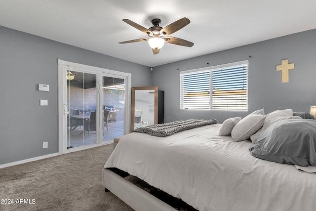 bedroom featuring carpet, ceiling fan, and access to outside