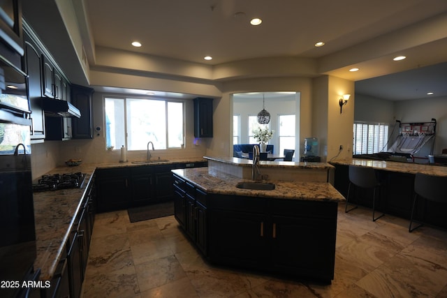 kitchen featuring black gas cooktop, sink, an island with sink, and a healthy amount of sunlight