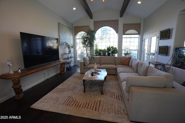 living room featuring vaulted ceiling with beams and dark wood-type flooring