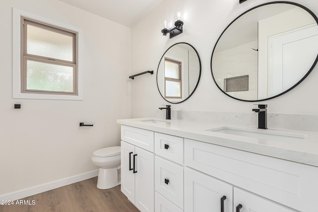 bathroom with wood-type flooring, vanity, and toilet