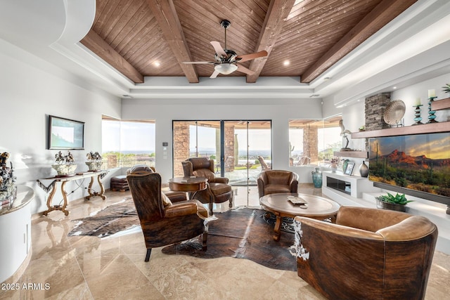 4328 N Pinnacle Ridge Cir, Mesa, AZ 85207 - living area with wooden ceiling with exposed beams, a ceiling fan, recessed lighting, and marble tiled floors