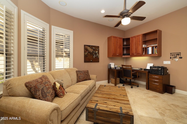 office area featuring light tile patterned floors, baseboards, a ceiling fan, and recessed lighting