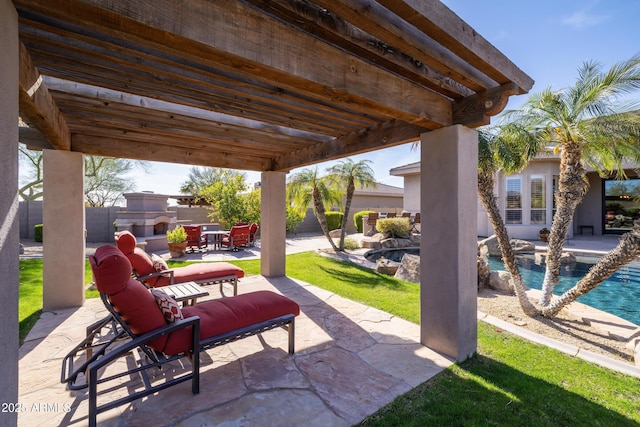 view of patio / terrace featuring a fenced in pool and outdoor dining space